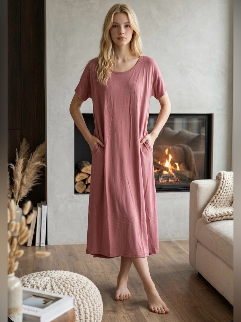 Recliner Long Sleep Dress in Fallen Rose